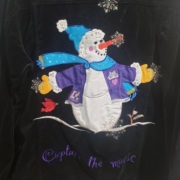 Quacker Factory Black Velour Snowman Embroidered Jacket Capture the Magic 1x - Picture 5 of 5